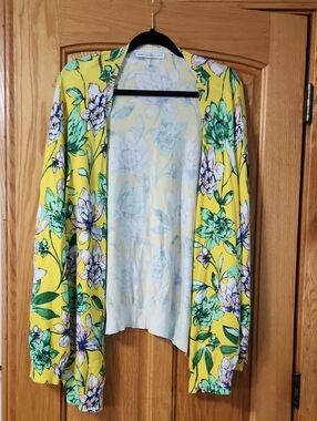 Floral Open-Front Cardigan Sweater - Yellow
